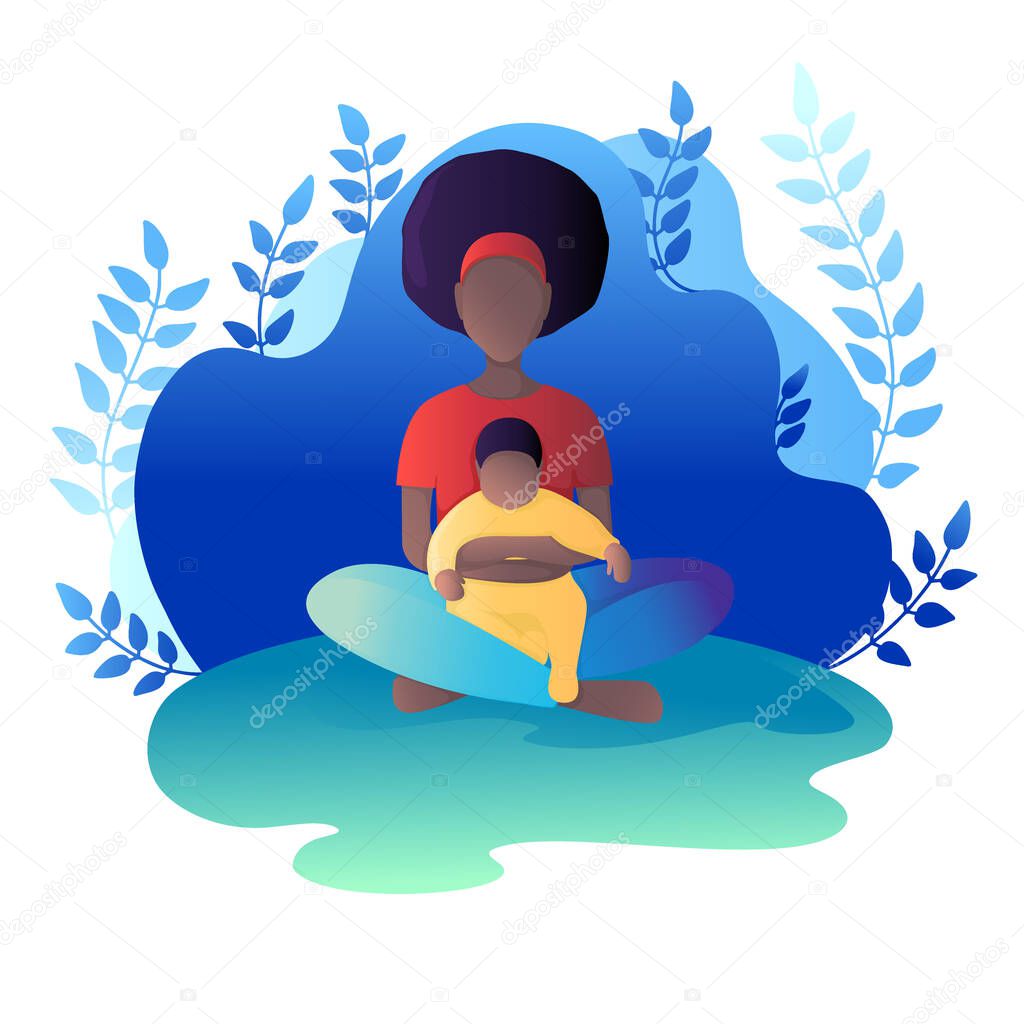 Mom and child are sitting in the lotus position. Vector illustration