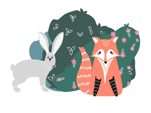귀여운 여우, 토끼, 토끼등 식물을 배경으로 하고 있습니다. 스칸디나비아식으로 손으로 그린 삽화 — 스톡 벡터