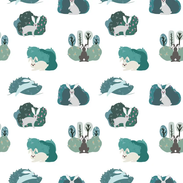 ウサギ、ウサギと異なる要素を持つシームレスなパターン。スキャンディナヴィア風に描かれたイラストハンド — ストックベクタ