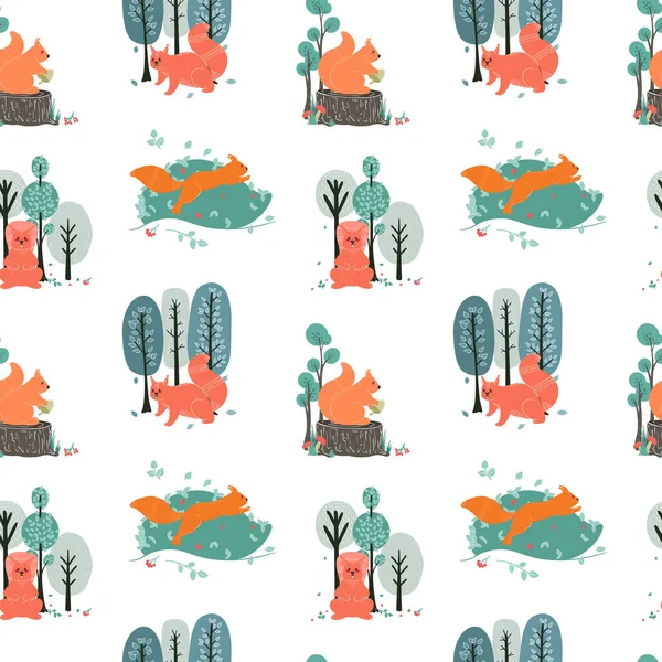 Patrón sin costuras. Ardillas en el fondo de árboles, plantas. Ilustraciones vectoriales en estilo escandinavo — Vector de stock