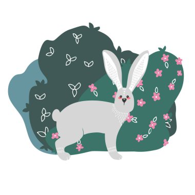 Şirin tavşan, bitkilerin arka planında tavşan. İskandinav tarzında el çizimi