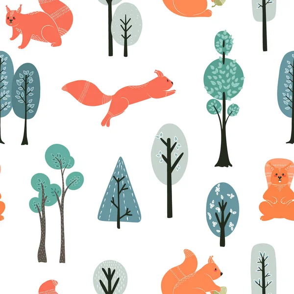 Padrão sem costura. Esquilos no fundo das árvores, plantas. Ilustrações vetoriais em estilo escandinavo —  Vetores de Stock