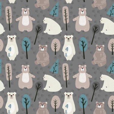 Sevimli ayılar ve farklı elementlerle kusursuz desen. İskandinav tarzında vektör illüstrasyonu