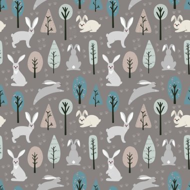 Tavşan, tavşan ve farklı elementlerle kusursuz desen. İskandinav tarzında çizilmiş bir el resmi