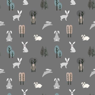 Tavşan, tavşan ve farklı elementlerle kusursuz desen. İskandinav tarzında çizilmiş bir el resmi