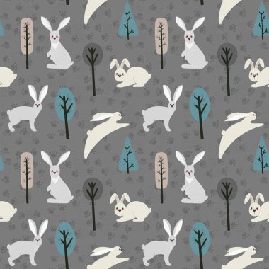Tavşan, tavşan ve farklı elementlerle kusursuz desen. İskandinav tarzında çizilmiş bir el resmi