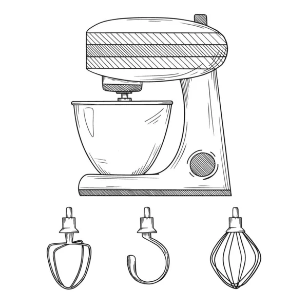 Processador de alimentos com diferentes bicos isolados em fundo branco. Ilustração vetorial —  Vetores de Stock