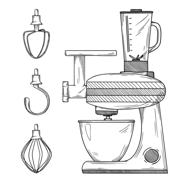 Procesador de alimentos con diferentes boquillas aisladas sobre fondo blanco. Ilustración en estilo de boceto — Vector de stock