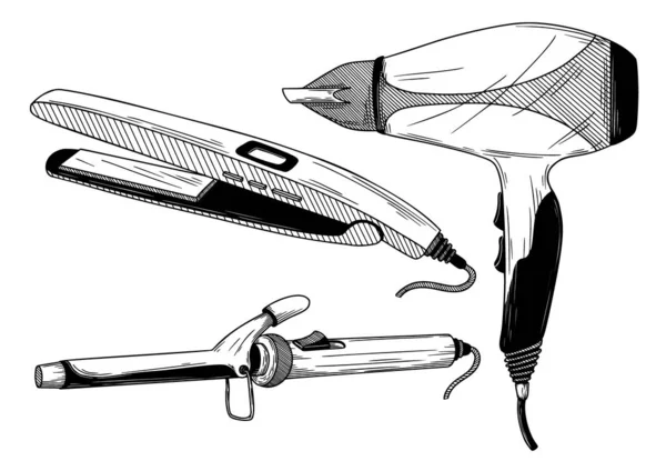 Agitador, alisador e secador de cabelo isolado em um fundo branco. Vetor —  Vetores de Stock