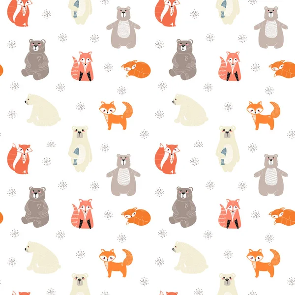 Seamless pattern with cute bears, foxs and different elements. Vector illustration — 스톡 벡터