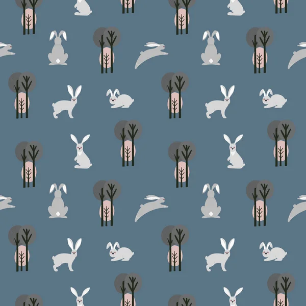 Patrón sin costuras con liebre, conejo y diferentes elementos. Ilustración mano dibujada en estilo escandinavo — Vector de stock