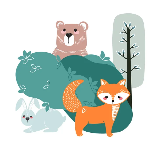 Roztomilý medvěd, liška, zajíc a králík na pozadí rostlin. Ručně kreslená ilustrace — Stockový vektor