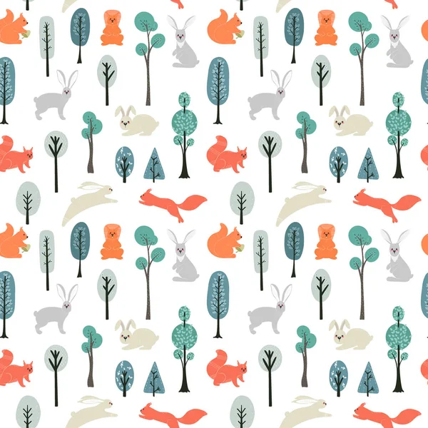 Patrón sin costuras. Ardillas, liebres en el fondo de árboles, plantas. Ilustraciones vectoriales en estilo escandinavo — Vector de stock