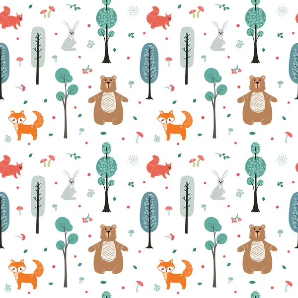 Patrón sin costuras. Animales lindos en el fondo del bosque, árboles, plantas. Oso, zorro, ardilla, liebre. Animales del bosque. Ilustración vectorial — Vector de stock