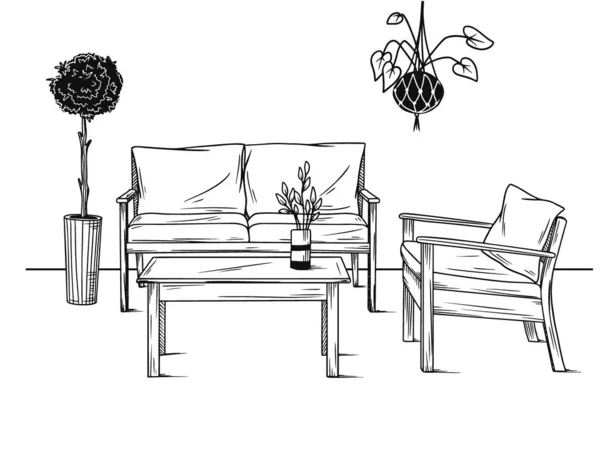 Комплект мебели для сада. Кресла, диван и стол среди растений. Векторная иллюстрация — стоковый вектор