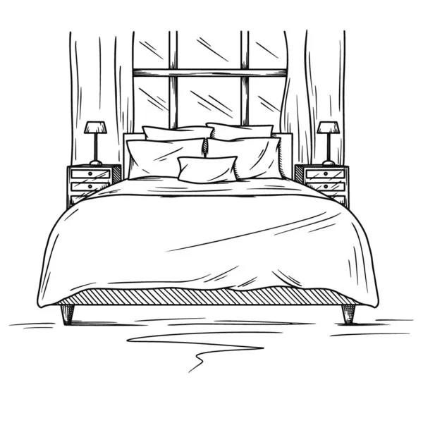 Esbozo realista del dormitorio. Dibujo dibujado a mano del interior. Vector — Vector de stock