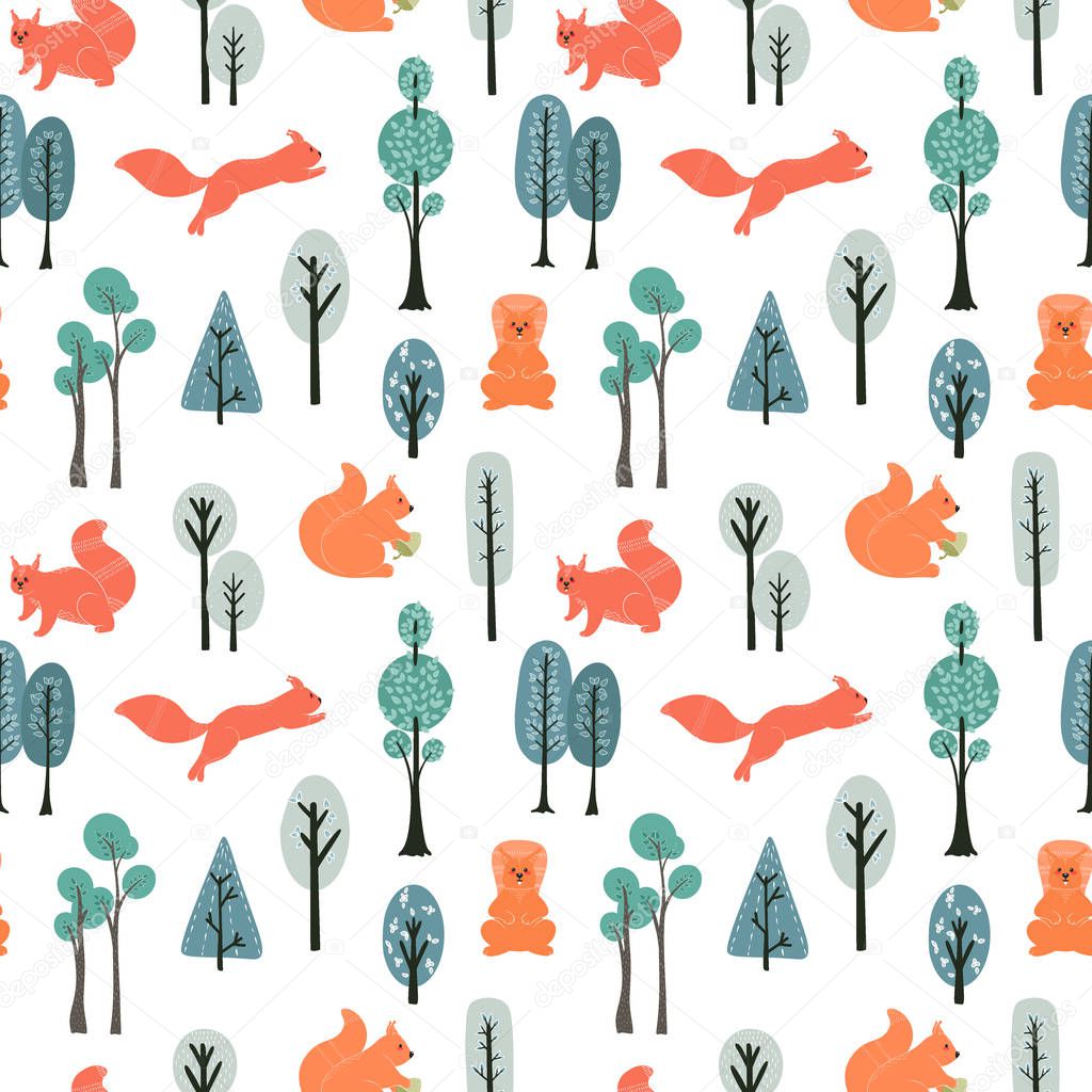 Seamless pattern. Squirrels on the background of trees, plants. Vector illustrations in a Scandinavian style