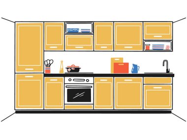 El mutfak mobilya çekilmiş. Vektör çizim kroki tarzı