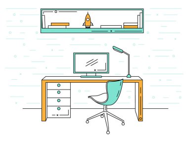 Ofis çizgisel bir şekilde. Bilgisayarı olan bir işyeri.
