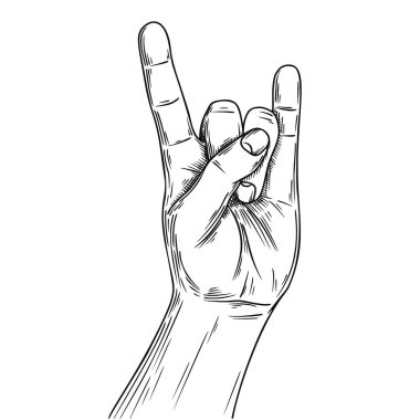 El, bir jest rock 'n' roll 'u simgeliyor. Çizim tarzında illüstrasyon. El çizimi vektör