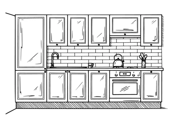 Mobiliario de cocina dibujado a mano. Ilustración vectorial en estilo de boceto — Archivo Imágenes Vectoriales