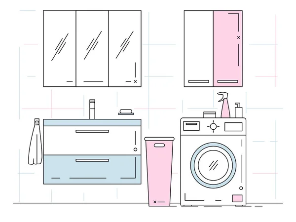 Linear sketch of an interior. Part of the bathroom. Vector — 스톡 벡터