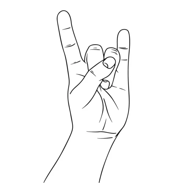 Mano que simboliza un gesto rock 'n' roll. Ilustración en estilo de boceto. Dibujado a mano — Vector de stock