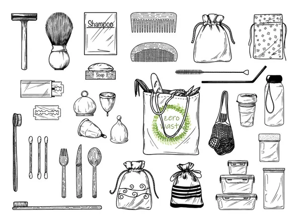 Large set of different environmental items. Zero waste. Vector — ストックベクタ