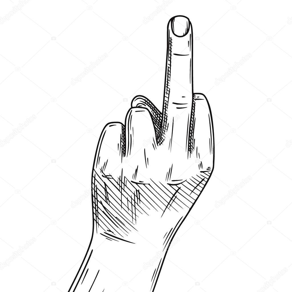 Hand, middle finger. Fuck you, symbol. Sketch illustration