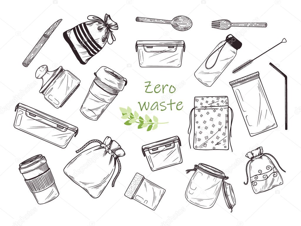 Large set of different environmental items. Zero waste. Vector