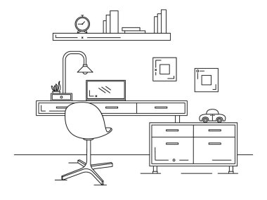 Ofis çizgisel bir şekilde. Bilgisayarı olan bir işyeri.