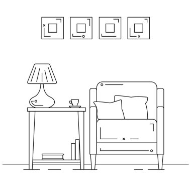 Yastıklı bir koltuk, masa lambalı bir masa. Vektör illüstrasyonu