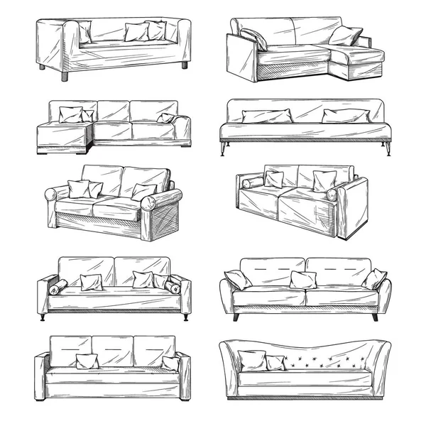 Sketsa sofa terisolasi pada latar belakang putih. Vektor - Stok Vektor