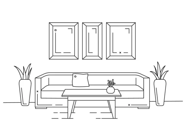 Intérieur linéaire. Canapé, table, plantes. Illustration vectorielle — Image vectorielle