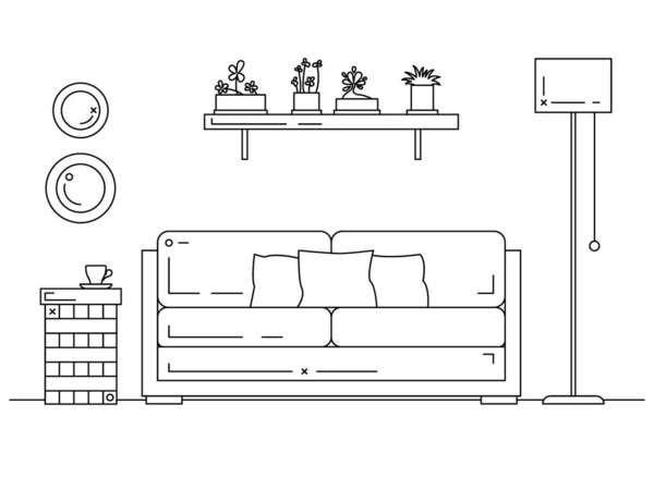Illustration vectorielle dans un style linéaire. Canapé, table de chevet, lampadaire et étagère avec plantes . — Image vectorielle