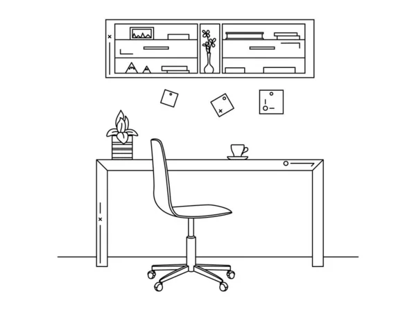 Office in a linear style. Workplace with a computer. Vector — Stock Vector