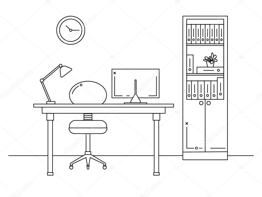 Office in a linear style. Workplace with a computer.