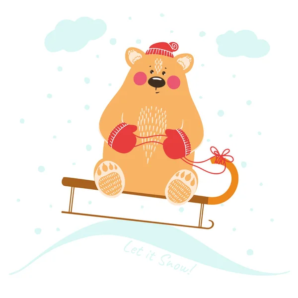 Roztomilý Medvěd Saních Zimní Pohádková Krajina Vektorová Ilustrace — Stockový vektor