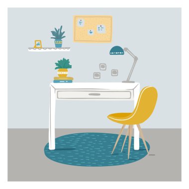 Kroki Oda. Ofis koltuğu, Resepsiyon, masanın üzerinde çeşitli nesneler. Çalışma alanı çizin. Vektör çizim