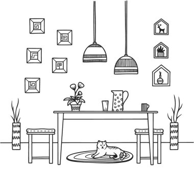 Boho tarzında eskiz yemek odası. Mobilyalar ve iç mekanın birçok farklı elementi. Vektör illüstrasyonu.