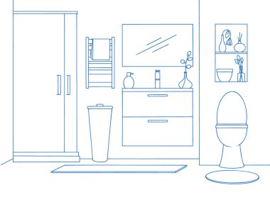 Banyo içi elle çizilmiş. Taslak banyo küvetleri ve diğer banyo eşyaları. Robot resim biçiminde vektör illüstrasyonu.