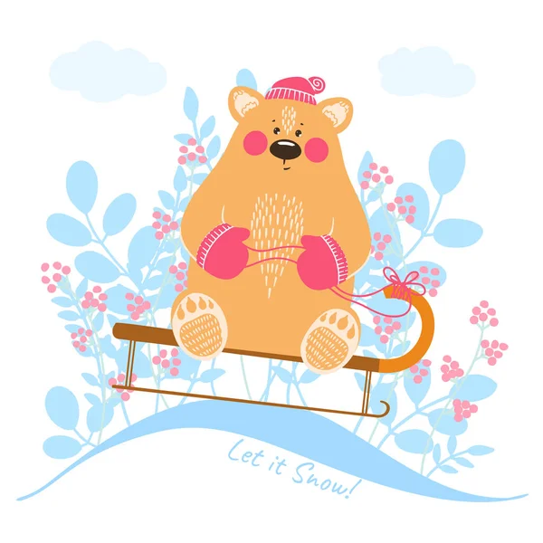 Roztomilý Medvěd Saních Zimní Pohádková Krajina Vektorová Ilustrace — Stockový vektor