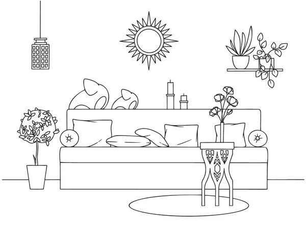 Dessinez Salon Confortable Dans Style Boho Canapé Table Divers Éléments — Image vectorielle