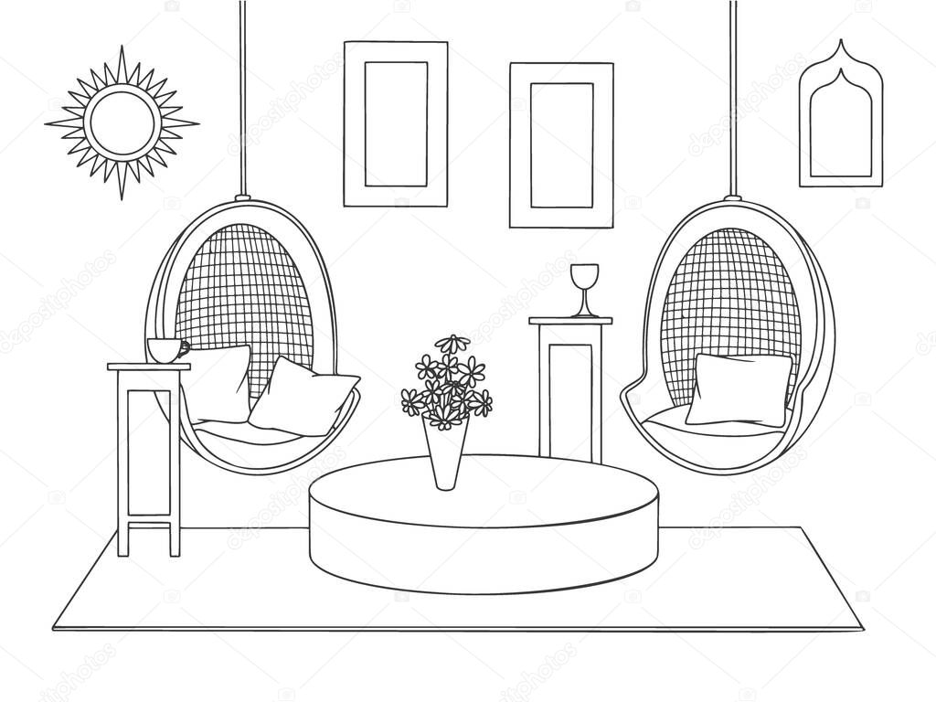 Sketch a cozy living room in boho style. Suspended chairs and various decorative elements. Vector illustration in sketch style.