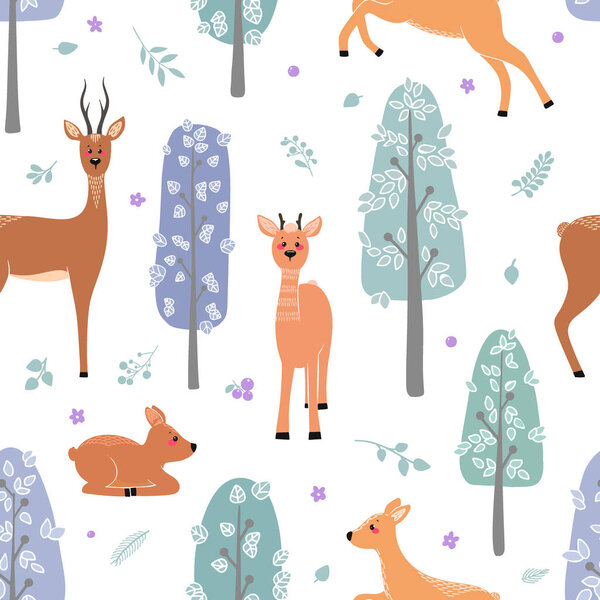 Seamless pattern with deer, doe, roe deer on the background of a tree, plant, bush and different elements. Vector illustrations in the Scandinavian style.