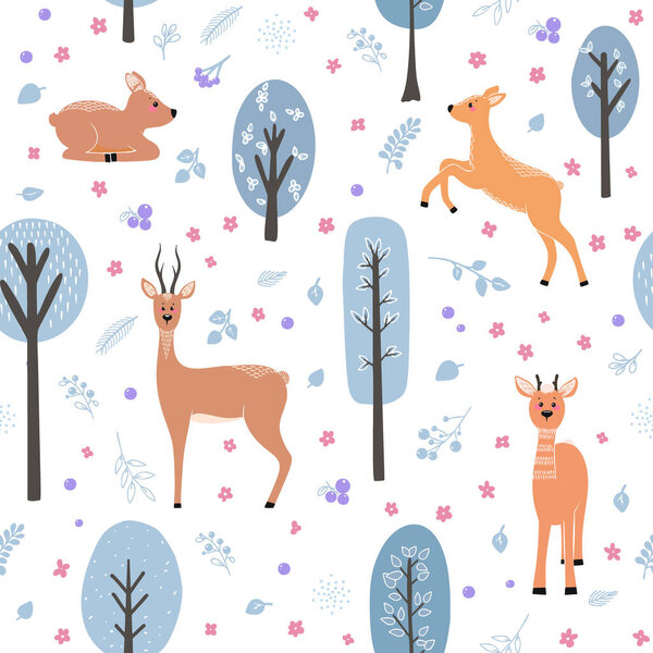 Seamless pattern with deer, doe, roe deer on the background of a tree, plant, bush and different elements. Vector illustrations in the Scandinavian style.