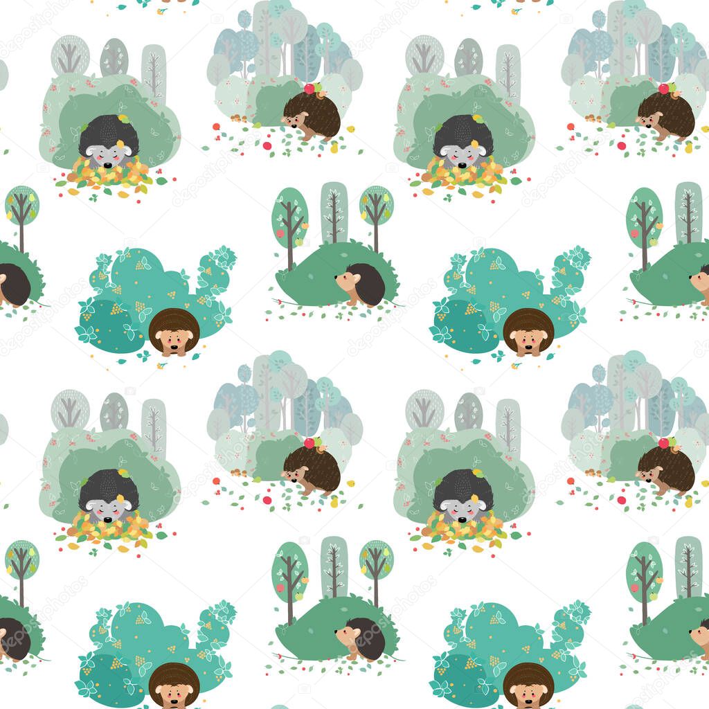 Seamless pattern with hedgehog on the background of a tree, plant, bush and different elements. Vector illustrations in the Scandinavian style.