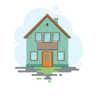 Gökyüzüne ve çevrenin diğer elementlerine karşı şık bir ev. Düz bir ev. Vektör illüstrasyonu