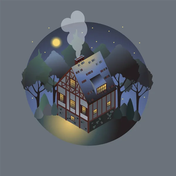 Colorful antique European home. Rent country houses. Sale, Real Estate. Night. — Stock Vector