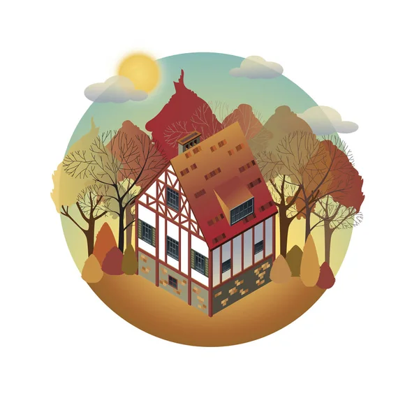 Colorful antique European home. Rent country houses. Sale, Real Estate. Autumn. — Stock Vector